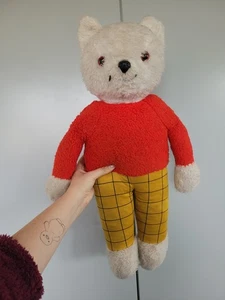 Grande giocattolo morbido vintage Rupert Bear di Tebro molto amato, indossato da collezione - Foto 1 di 10