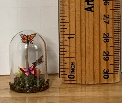 Artisan Signed Dollhouse Miniature Realistic Butterflies in Glass Dome OOAK 1:12 - Image 1 of 4