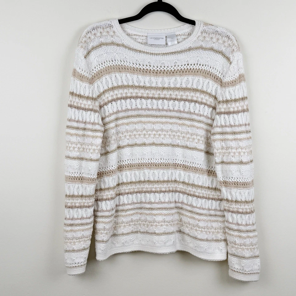 Suéter Pullover Liz Claiborne LizSport Para Mujer Mediano Blanco Beige Tejido Abierto Foto 1 de 4