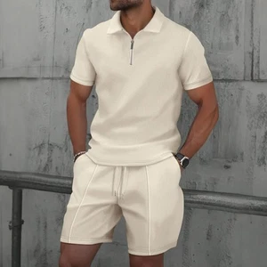 New summer Waffle solid color zip-up lapel short-sleeve suit shorts two set - Bild 1 von 36