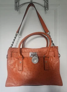 Michael Kors Orange Ostrich Leather Satchel Purse - Chain Strap, MK Logo, Medium - Picture 1 of 10