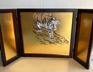 Japanese Traditional Gold paint lacquer folding screen TIGER BYOBU h17.7" *148 6 - Picture 1 of 8