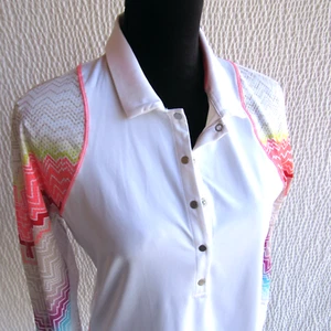 Lucky in Love Womens Top L Pullover White Colorful Golf Pickeball Art Snaps - Picture 1 of 12