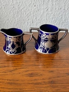 ART DECO LENOX Mocca Zuckerdose+Milchkännchen Silver overlay - blau - Bild 1 von 9