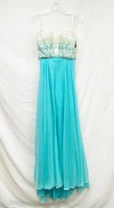Women's Rachel Allan White Aqua Chiffon Dress Beaded Sweetheart Neckline Size 6 - Picture 1 of 3