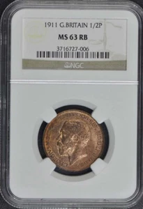 1911 G.BRITAIN 1/2P NGC MS63RB - Picture 1 of 2
