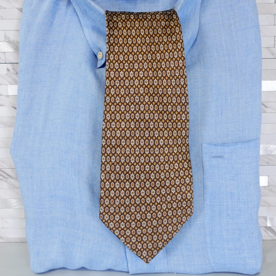 Boho Neck Tie Mens Brown Geometric Floral Micro Silk Woven Dress Whimsy SATCHI - Image 1 of 4