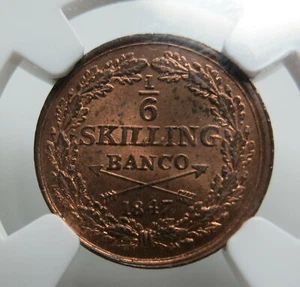 SWEDEN Norway 1/6 skilling 1847 NGC MS 64 RB Mint Red UNC King Oscar Bronze - Picture 1 of 7