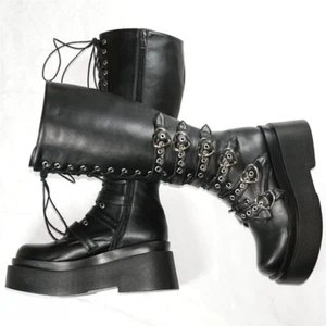 Punk Goth Platform Knee High Boots Women Strappy Buckle Creepers Thick Sole Shoe - Picture 1 of 8