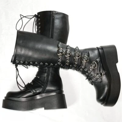 Botas hasta la rodilla con plataforma punk gótica para mujer con hebilla con tiras enredaderas suela gruesa zapato Foto 1 de 4