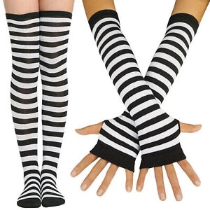 Women's Striped Long Arm Warmer Fingerless Gloves Mittens Knee High Socks Set