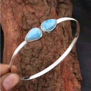 Larimar Pear Gemstone Adjustment Cuff Bangle 925 Sterling Silver Handmade Bangle - Picture 1 of 10