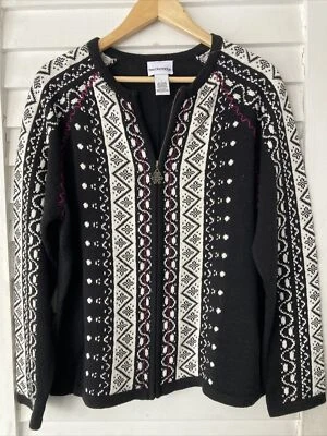 BRECKENRIDGE Sweater Wmns Sz L Blk Wht Fair Isle Winter Zip Up Ramie Cotton L/S - Image 1 of 4