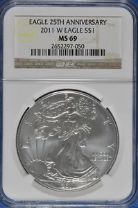 2011 W Burnished 1 OZ Silver American Eagle NGC MS 69 25th Anniversary  - Picture 1 of 2
