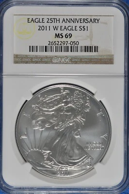 2011 W Burnished 1 OZ Silver American Eagle NGC MS 69 25th Anniversary - Image 1 of 2