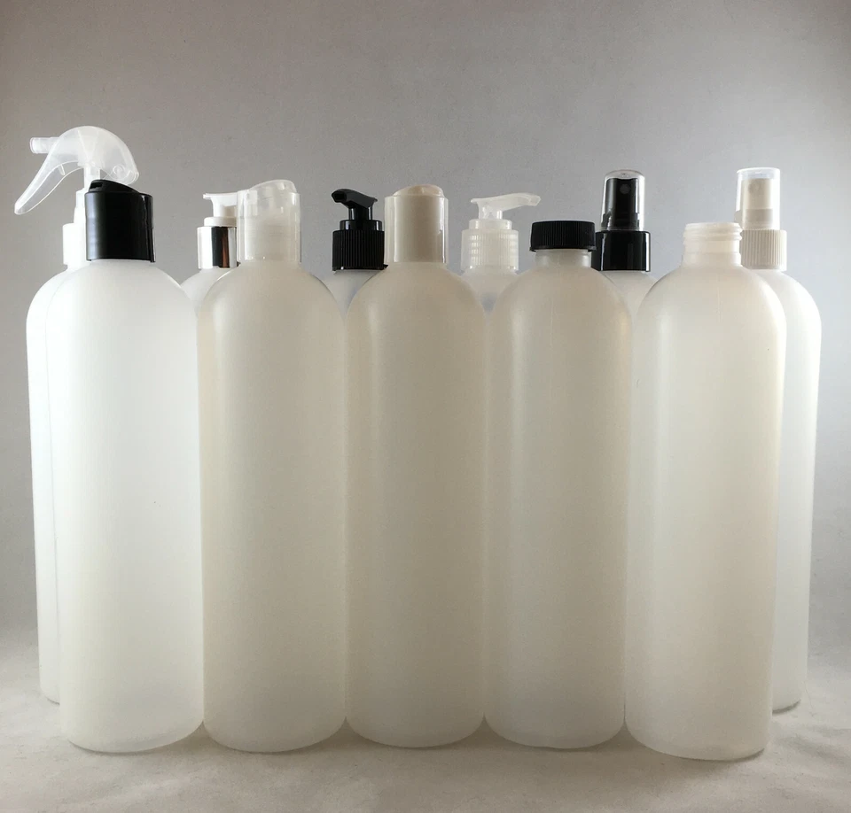 16 oz Natural Cosmo Round Plastic Bottles w Lotion Pump, Sprayer, Disc Cap, etc - Image 1 of 1