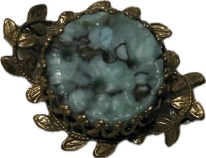 Vintage Art Glass Brooch- Turquoise And Filigree , Gold Played, Costume Jewelry - Picture 1 of 14