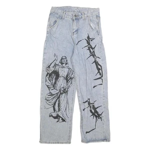 Womens Light Blue Relaxed Fit Denim Jeans W28 L25 Artistic Printed Design Cotton - Picture 1 of 6