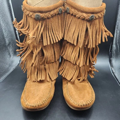 Minnetonka Girl 3 Kids Layer Fringed Leather Boho Boots Brown Moccasins  - Image 1 of 4