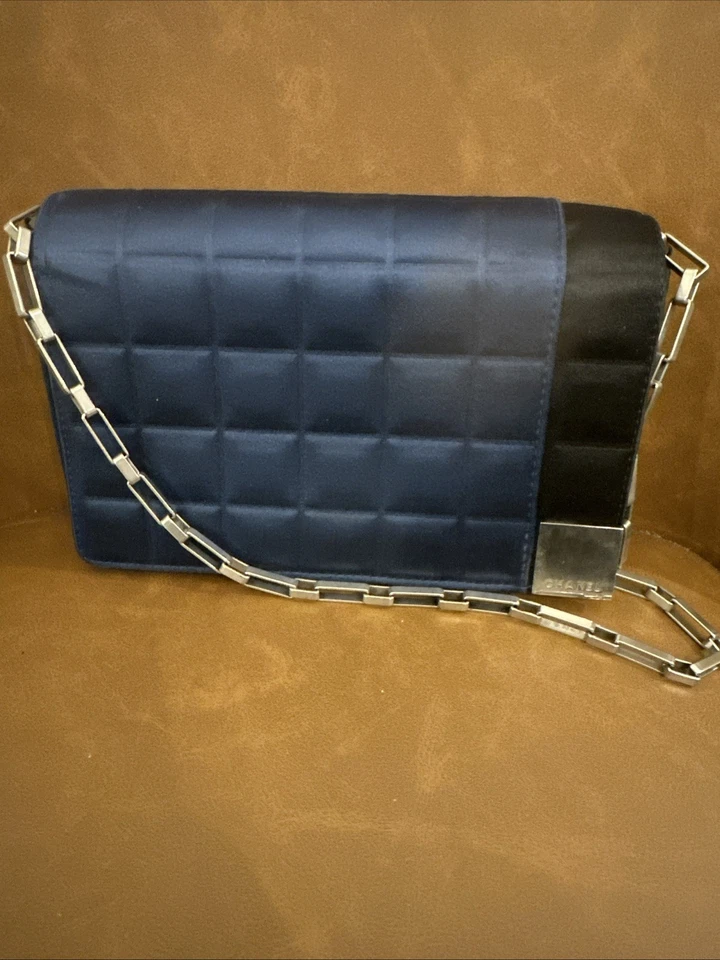 Authentic CHANEL Chocolate Bar Chain Clutch Bag Quilted Satin Mini in Blue Black - Image 1 of 4