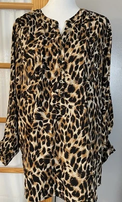 Blusa Y2K Estampado Leopardo Mujer 2X Negro Beige Botones Manga Larga Carrera Ciudad Foto 1 de 4
