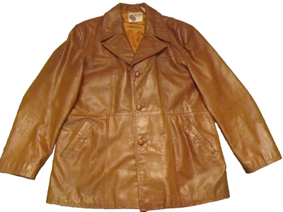 Vintage 1970s Silton 46 Long Wide Lapel Collar Cognac Tan Brown Leather Jacket - Image 1 of 4
