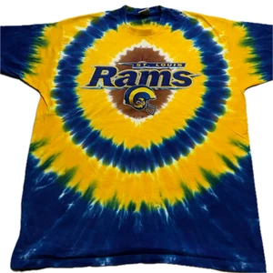 Vintage 90s NFL St Louis Rams Tie Dye AOP T Shirt Mens 2XL White Tag Blue Yellow - Picture 1 of 15