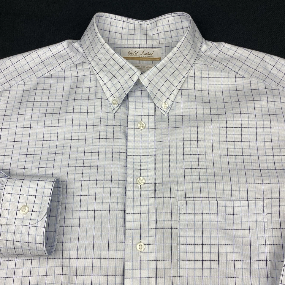 Roundtree & Yorke Gold Label Dress Shirt Men's 16-33 White w/Blue Checks Twill - Image 1 of 4