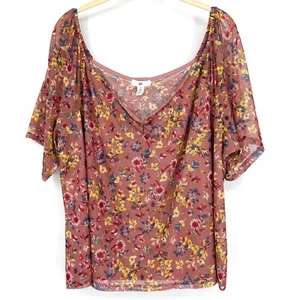 BP Plus Size 3X Cinch Front Mesh Floral Top Botanical Short Sleeve Shirt Pink - Picture 1 of 8