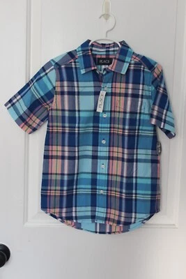 Boy Sz 7-8 NWT Short Sleeve Button-Up Blue & Pink Plaid Children's Place  - Image 1 of 2