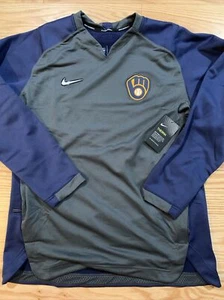 Nike MLB Milwaukee Brewers Navy Charcoal Thermal Crew Sz S NKA6-103N Baseball - Picture 1 of 10