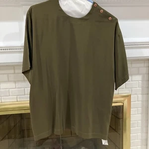 Alfred Sung 100% Silk Blouse Olive Green Vintage Perfection Buttons On Shoulder - Picture 1 of 9