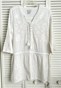Soft Surroundings White Ivory Embroidered Swim Coverup Gauze PXL Beach Cruise - Picture 1 of 11