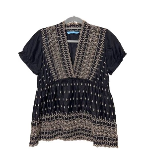Johnny Was Babydoll Blouse Size M Silk Eyelet Embroidered Boho Whimsigoth - Picture 1 of 7