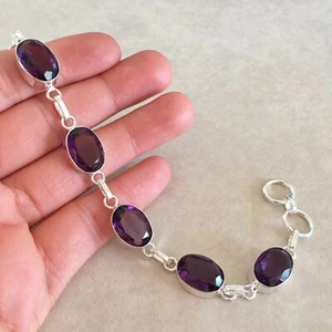 BRACCIALE CATENA MAGLIA ARGENTO STERLING 925 AMETISTA VIOLA OVALE NATURALE 7,5" - Foto 1 di 5