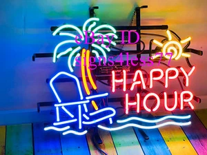 Silla de sol Happy Hour palmera 17""x14"" letrero de luz de neón lámpara barra de cerveza vidrio - Imagen 1 de 1