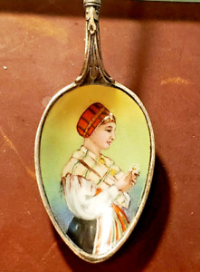 Vintage Silver Spoon Sweden Enameled Bowl Sami Woman Traditional Dress Swedish