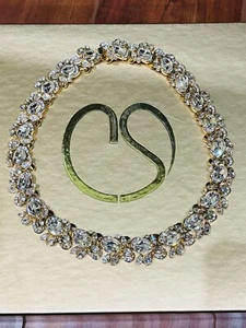 ST JOHN Signed Swarovski Clear Crystal in Gold Tone Collar Necklace - Picture 1 of 3