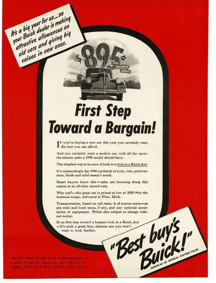 1940 Buick Business Coupe art Vintage Print Ad 4 - Image 1 of 1
