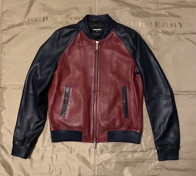 Chaqueta de bombardero de cuero azul/rojo para hombre Dsquared2 $2356 talla 48 Foto 1 de 4