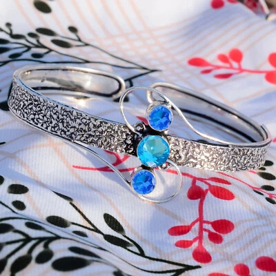 Blue Topaz & Tanzanite Gemstone 925 Sterling Silver Cuff Bangle 1st Time Gift - Image 1 of 4