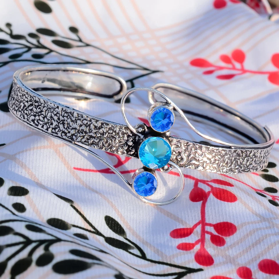 Brazalete brazalete de plata de ley 925 con topacio azul y piedras preciosas de tanzanita regalo por primera vez Foto 1 de 4