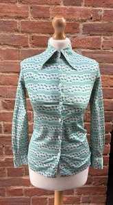 Vintage 70s Blue Green Geometric Striped Dagger Collar Blouse 6 8 - Picture 1 of 7