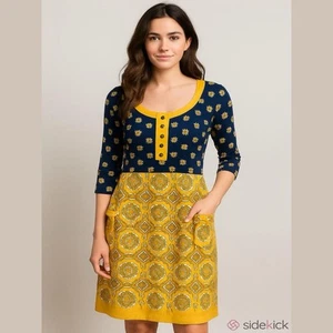 Vestido Juicy Couture Para Mujer Seda Regal Jackie Estampado Geométrico Talla L Amarillo Azul Marino - Imagen 1 de 9