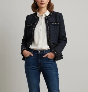 Chaqueta Boston Propia Tweed Talla 10 Flecos Azul Marino Cadena Parisina Formal Elegante Preppy - Imagen 1 de 10