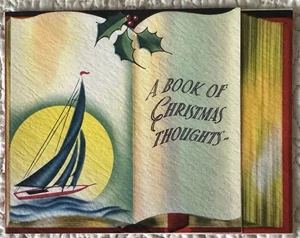 Unused Christmas Art Deco Sailboat Book Thoughts Vtg Greeting Card 1930s 1940s - Picture 1 of 3