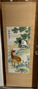 Chinesischer Wandbehang mit Seidenstickerei Reiher & Hirsch SIEHE BILDER 23 3/4”x 69” BS12 - Bild 1 von 11