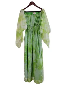 Vintage Lilia Honolulu Green Chiffon Hawaiian Floral Maxi Dress Mumu Size Large - Picture 1 of 5