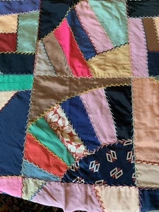 Antique Silk Crazy Quilt Patchwork Embroidered Detail Top 70x61” Cotton Back - Picture 1 of 14