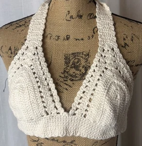 Vintage Crochet Bikini Top Tie Back & Neck Ecru Ivory Sz Small NO TAGS READ - Picture 1 of 3
